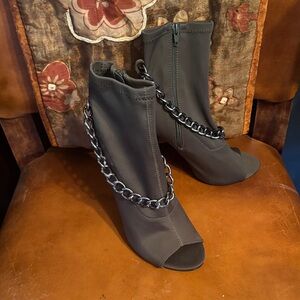 Shoe Dazzle Black Peep-Toe Boots with Chain Accent